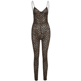 Tief ausgeschnittener, schmaler Sling-Jumpsuit mit Flocking-Muster